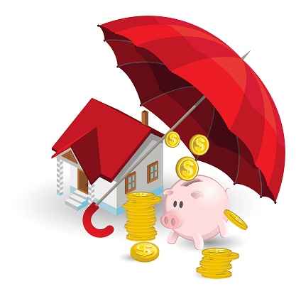 Umbrella covering home and piggy bank